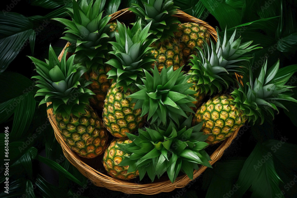 Top view of a cluster of pineapples in a wooden basket on a green leaf background. Top view of a cluster of pineapples in a wooden basket on a green leaf background.