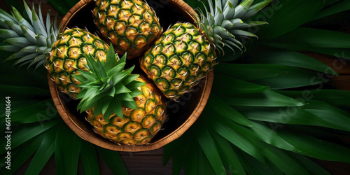 Top view of a variety of pineapples in a wooden basket on a green leaf background.