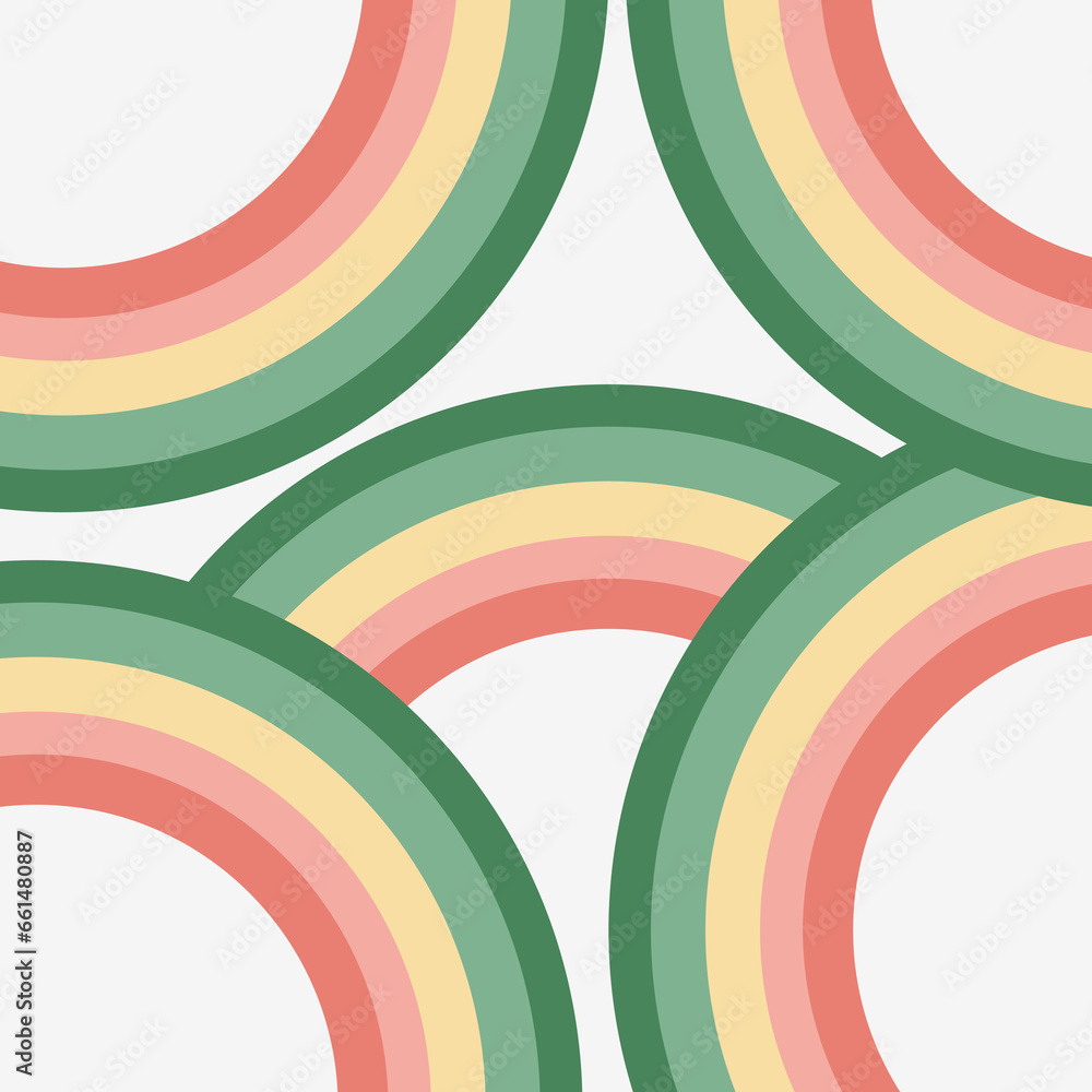Abstract illustration of retro style rainbow design in green, light green, yellow, pink and pastel pink colors on gray background