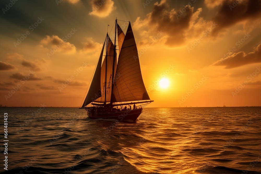 Gorgeous sailing scene with the sun setting gracefully. Generative AI
