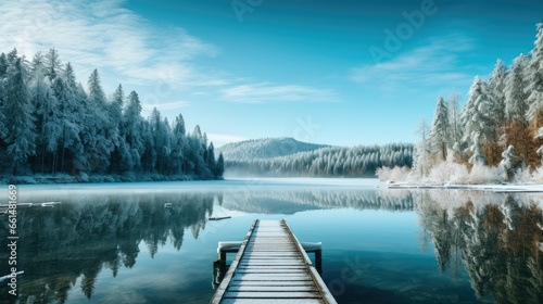 shot of a frozen lake with a wooden pier stretching out into the icy waters