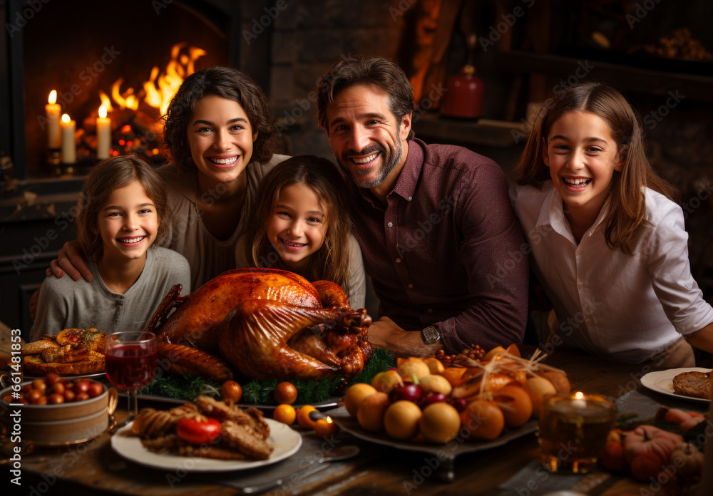 A happy family has gathered at a set table and is celebrating Thanksgiving Day.