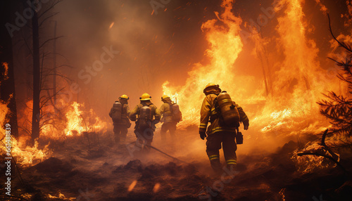 Dedicated firefighters battle fiercely against a raging wildfire, their valor and teamwork evident as they work to tame the uncontrollable inferno, risking their lives to protect the land and those in