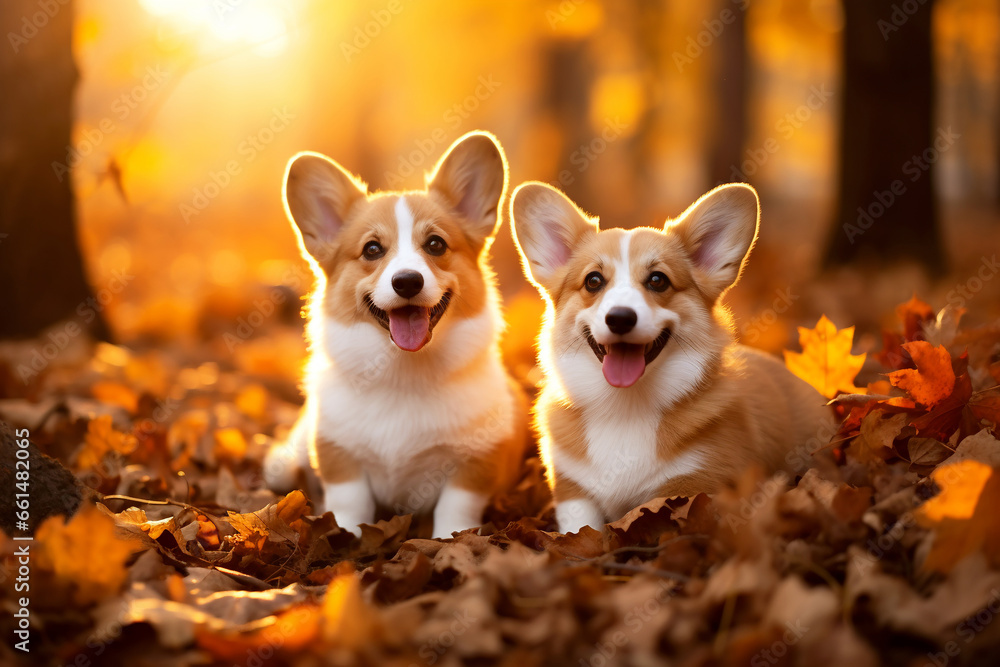 Pets, two cute corgi puppies lie in the autumn leaves in the park. Walks in the fresh air with your favorite pets. Sunset.Pet care.Close-up. Copy space. Generative AI Pets, two cute corgi puppies lie in the autumn leaves in the park. Walks in the fresh air with your favorite pets. Sunset.Pet care.Close-up. Copy space. Generative AI