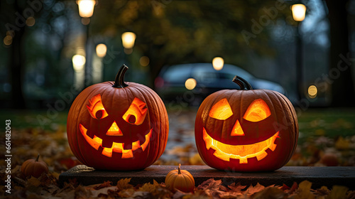 Two Kind Halloween Pumpkins in the park at night  © bitsource