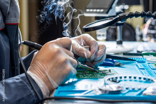 Cutting-edge electronics workshop scene showcases a skilled technician's hands meticulously soldering on a modern circuit board. Smoke rises tech-focused, emphasizing precision and high-tech expertise photo