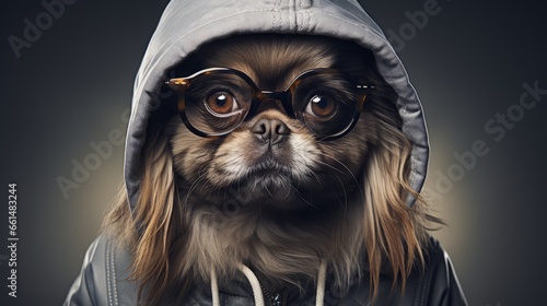 Dog Pekingese with glasses. Pekingese Dog in hoodie. Horizontal banking background for web. Photo AI Generated photo