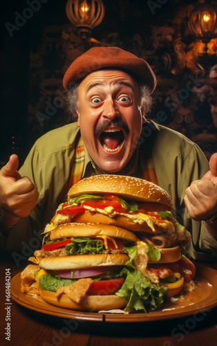A funny and happy middle-aged man eating a huge cheeseburger
