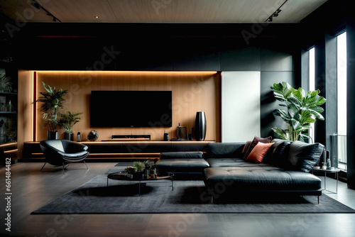 Modern interior of open space with design modular green sofa, furniture, empty living room with a wall © Samir6004