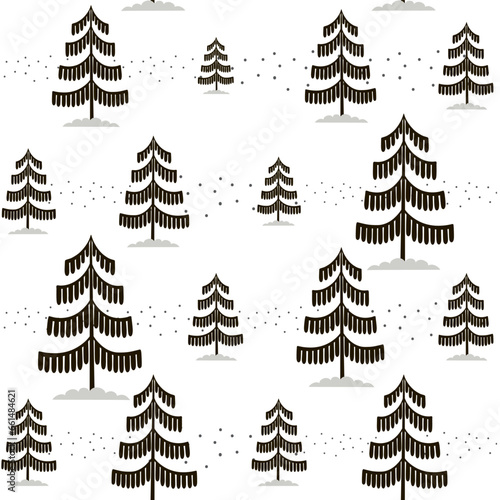 Christmas tree seamless pattern. Winter forest hand drawn graphic Noel print, New year holidays decoration, black and white background with fir tree, wallpaper, wrapping paper design, gift wrap