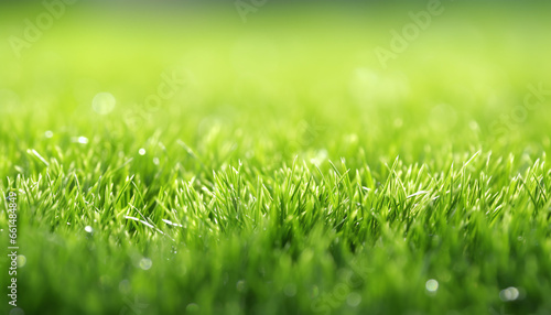 The fresh, vibrant green grass of spring spreads out in a lush carpet, glistening with dewdrops in the soft morning light, invoking the essence of renewal and vitality.