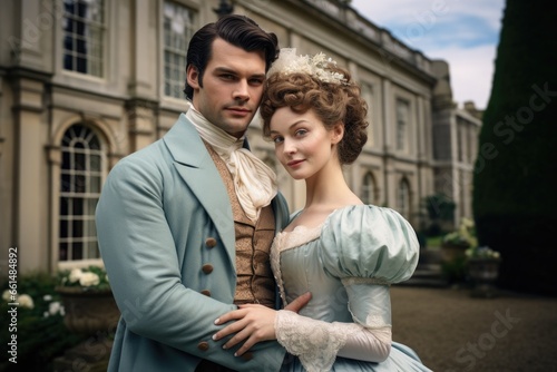 Married Young Couple in Regency Era Clothing Posing Outside a Royal Vintage Victorian Mansion 18th Century 