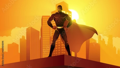 Iconic urban defender, Superhero silhouette against cityscape backdrop. Vigilance, power, and heroism captured in one striking motion graphics