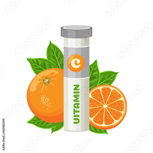 Vitamin C tablets in tube and orange fruit. Vector cartoon illustration.