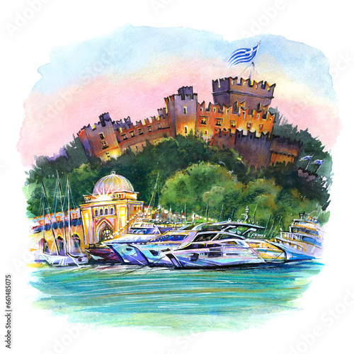 Watercolor Night sketch of Palace of the Grand Master on Rhodes, Dodecanese islands, Greece