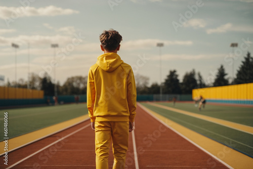 Teenager on his back in a tracksuit in front of a sports field. Generative AI. photo