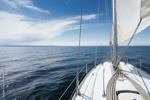 Sailing yacht in open Baltic Sea on clear day, view from deck to bow, mast, and sails. Estonia. Generative AI