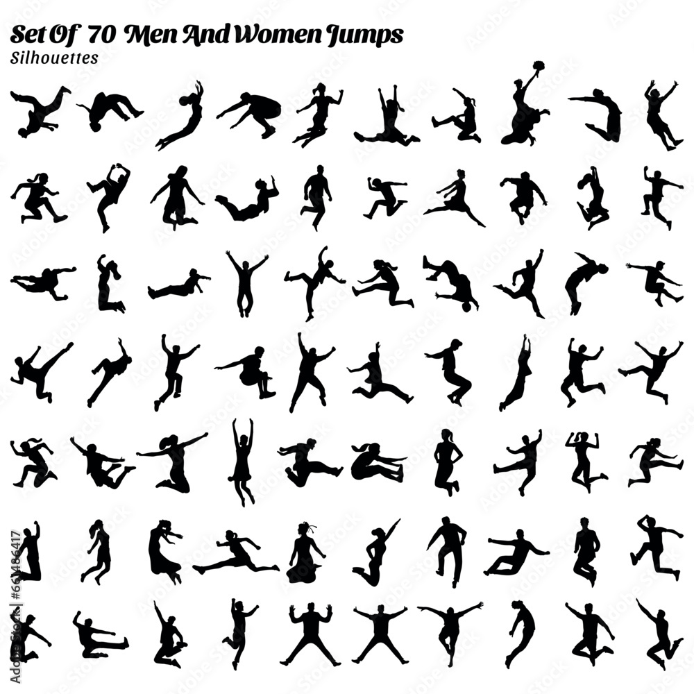 Collection of silhouette vector illustrations of 70 people men women jumping