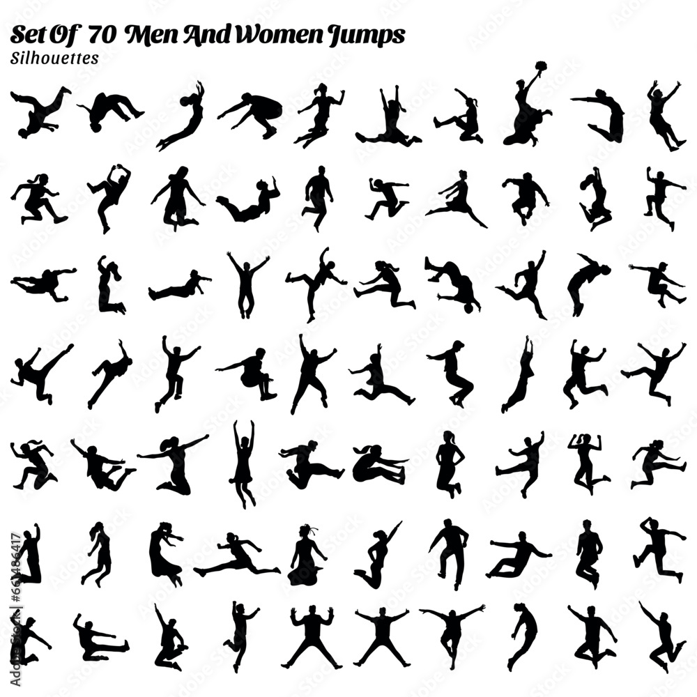 Collection of silhouette vector illustrations of 70 people men women jumping Collection of silhouette vector illustrations of 70 people men women jumping