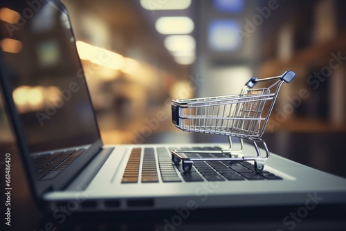 Infographic of market strategy on computer notebook with a small shopping cart, bokeh in the background, e-commerce, marketing analysis, business concept. Generative AI