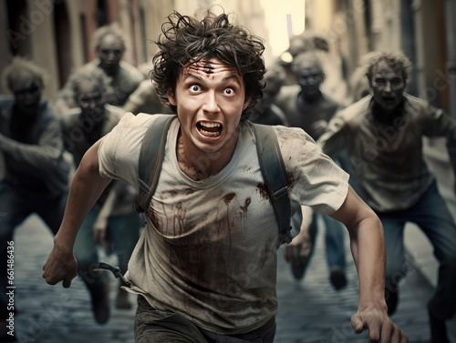 Young Man Chased by Zombies in the Street Horror Fear photo