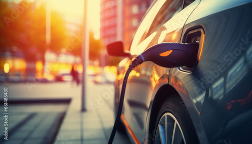 An electric car seamlessly connected to a charging station amidst the urban backdrop  representing sustainable mobility in the heart of the city.