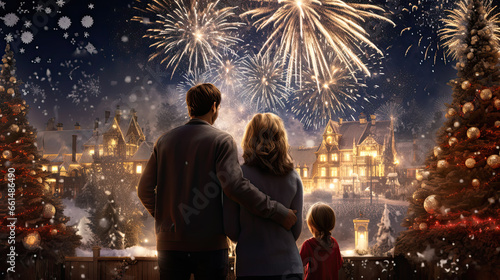 Happy family watching fireworks and Christmas tree at night. New Year celebration concept.