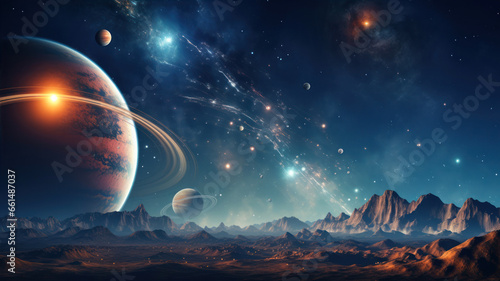 Cosmic landscape with planets, stars and galaxies