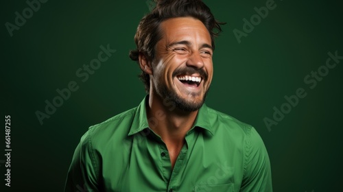 Young laughing man in bright clothes against a plain background.
