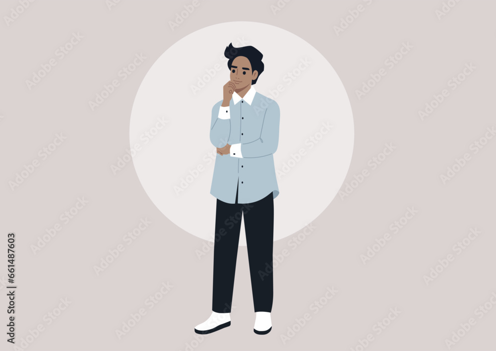 A young contemplative character lost in daydreams, their chin resting on their hand A young contemplative character lost in daydreams, their chin resting on their hand