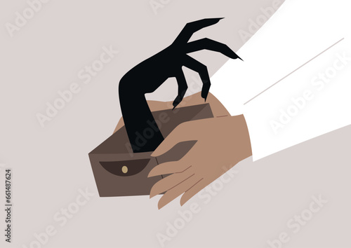 Person opening a wallet, with a large black monstrous hand emerging from it, symbolizing the fear of financial strain or credit debt.