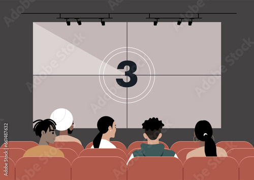 A cinema movie screen displaying the countdown, encompassing the realm of art and entertainment, with people seated on red-upholstered chairs