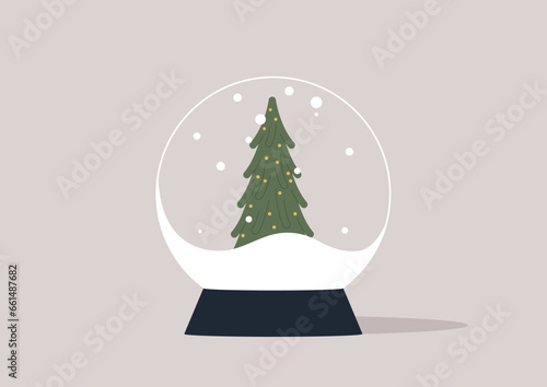 A crystal ball with a swirling snowstorm and a green xmas tree inside, serving as a symbol of the upcoming Christmas