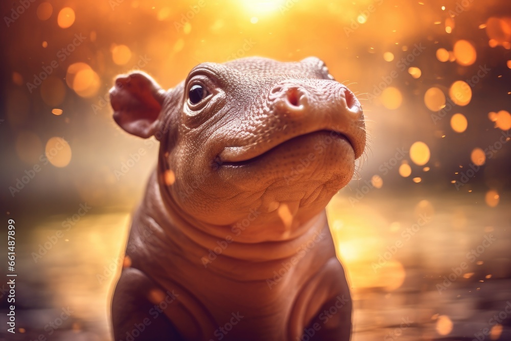 Cute baby hippopotamus against a blurred bokeh background. - obrazy, fototapety, plakaty 