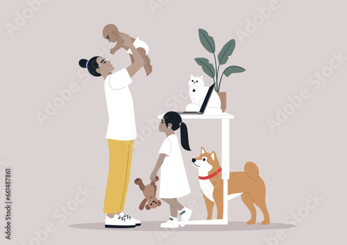 Work life balance, A young parent playing with their children and pets while doing their office tasks remotely