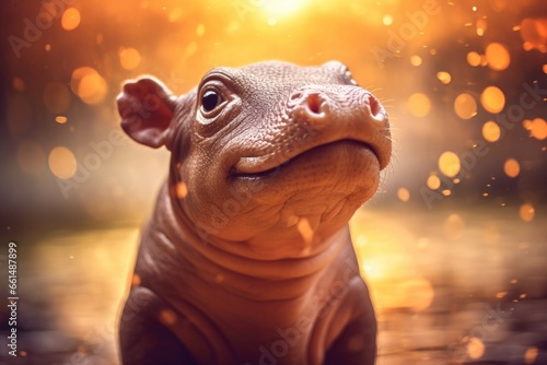 Cute baby hippopotamus against a blurred bokeh background. photo