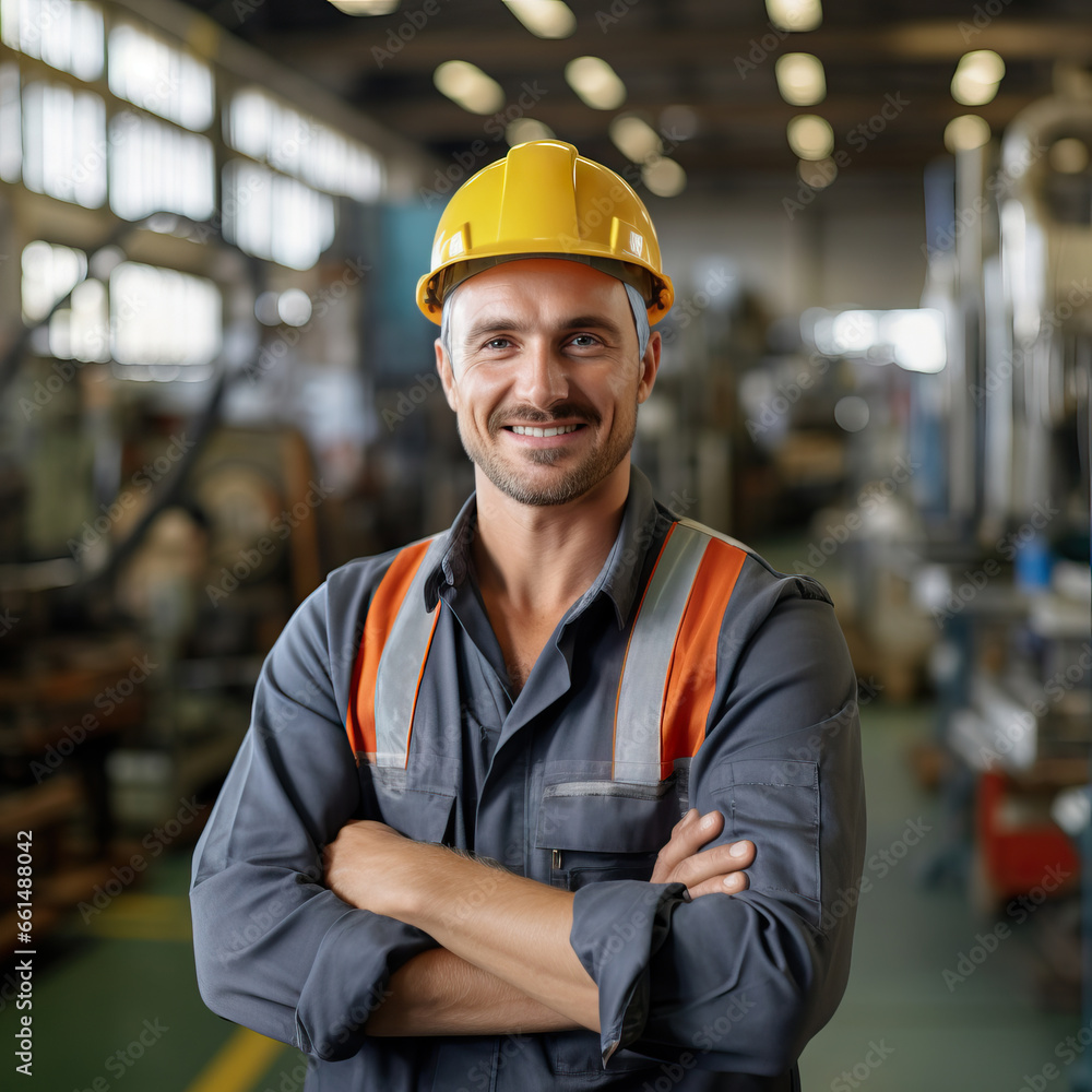 Candid shot of a smiling confident male factory worker with arms crossed, industrial construction industry Candid shot of a smiling confident male factory worker with arms crossed, industrial construction industry