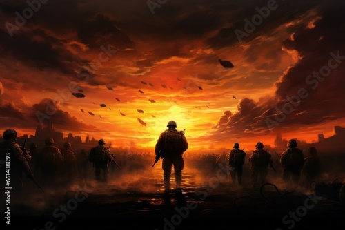 Dedicated Army during sunset. Ranger soldier training. Generate Ai