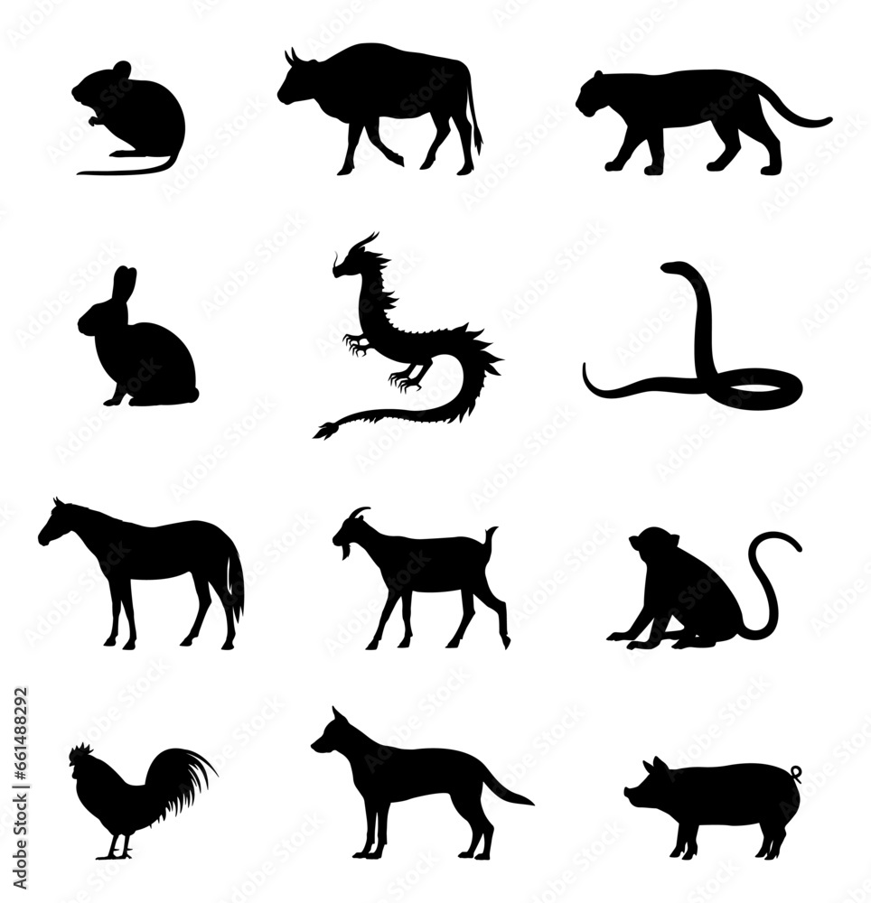 A set of the Chinese zodiac signs. Animal silhouettes of Chinese astrology. The Chinese horoscope symbol of the year. A vector illustration isolated on a white background.