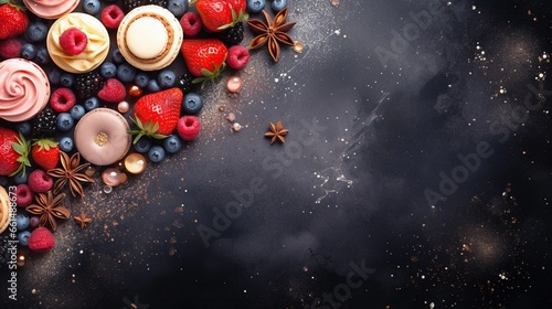 space for text on textured background surrounded by delicious cakes from top view, background image, AI generated