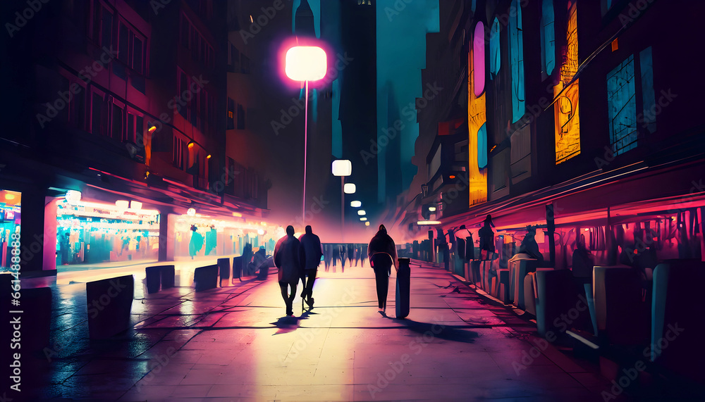 City walking, on sidewalk in a busy city night neon light for background, Generative AI.
