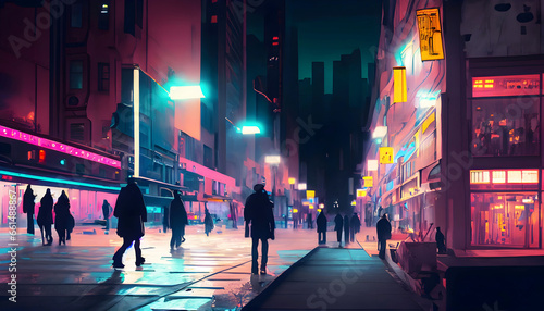 City walking, on sidewalk in a busy city night neon light for background, Generative AI.