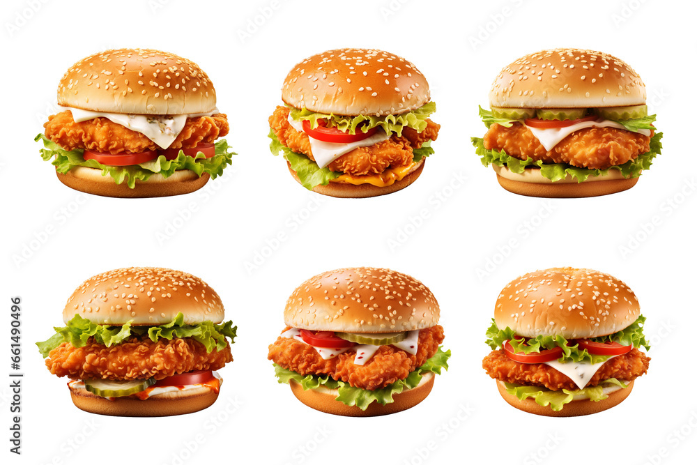 fresh crispy chicken burger collection isolated on a transparent background fresh crispy chicken burger collection isolated on a transparent background