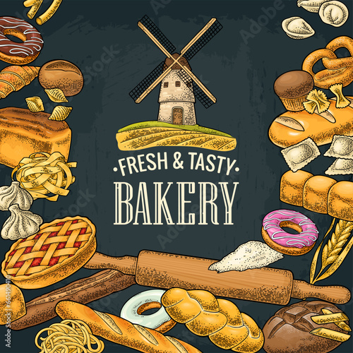 Set bread. Mill on wheat field. Vector color and black vintage engraving