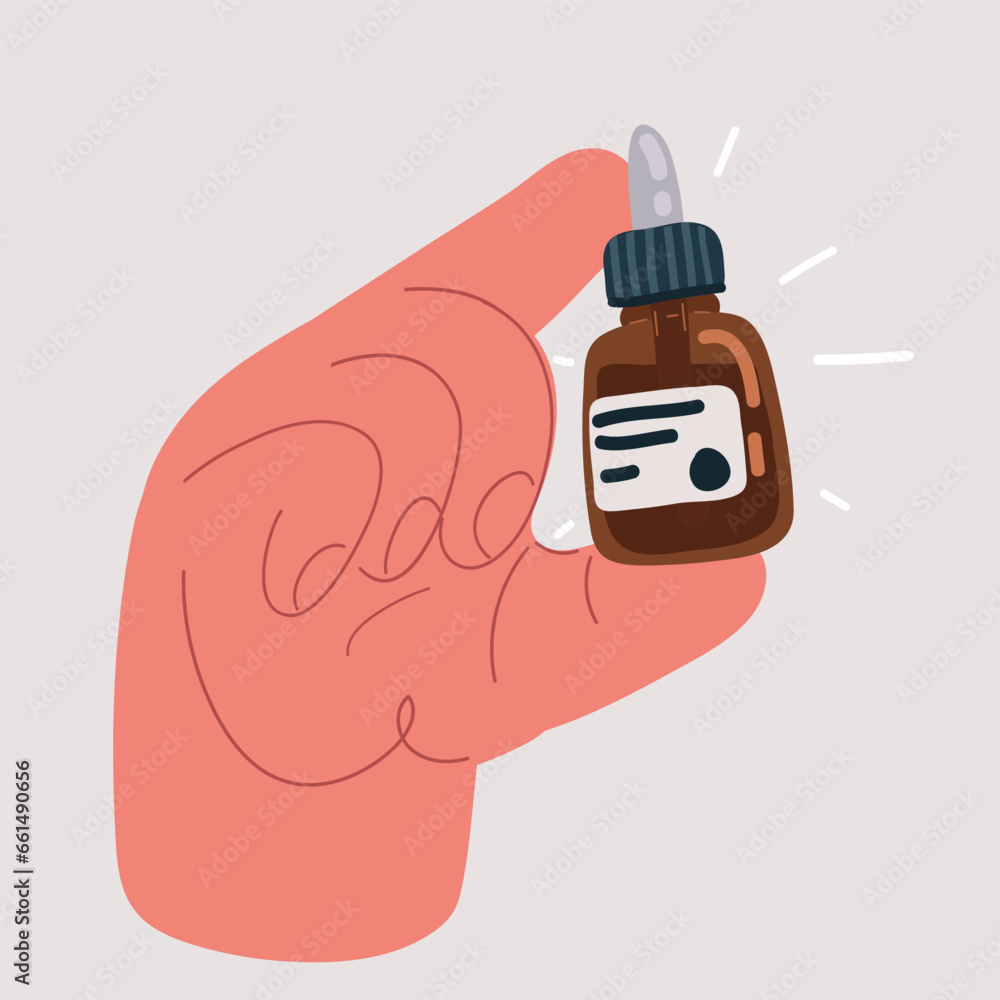 Φωτογραφία Vector illustration of Woman hand holding facial essential oil or serum packaging on pink background