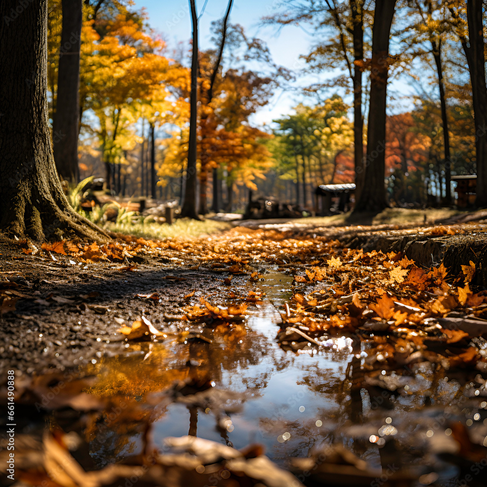 Undergrowth with small stream at sunset in autumn Undergrowth with small stream at sunset in autumn