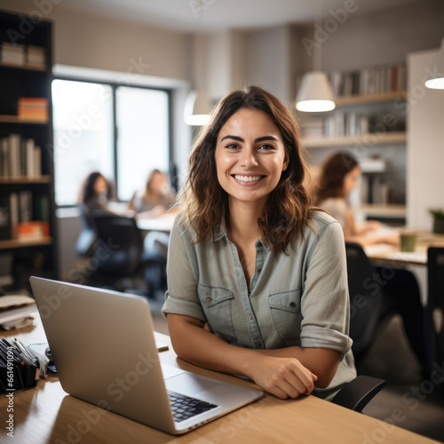 Casual shot of a smiling businesswoman behind her laptop at her working desk looking at the camera, daylight