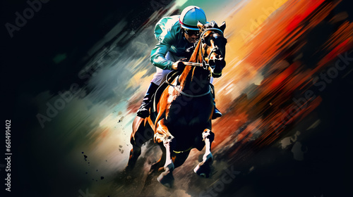  illustration of fast horseman rider and horse at race on black background, equine sport and speed concept 