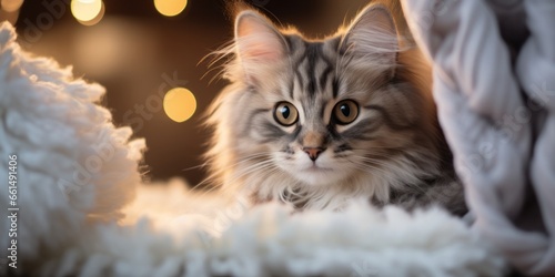 Photo of a cute fluffy cat lounging on some soft pillows created with Generative AI technology