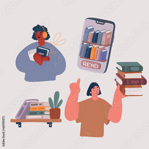 Vector illustration of Set of people literature fans with books. Collection of reading women, students preparing to exam. Person book lovers and readers. Education, bookshelf concept, e-book